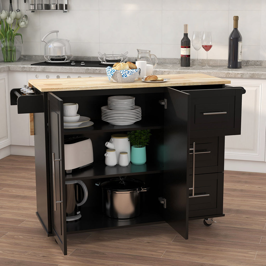 Kitchen Island with Spice Rack, Towel Rack and Extensible Solid Wood Top - Black