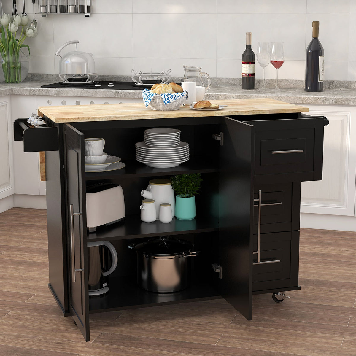 Kitchen Island with Spice Rack, Towel Rack and Extensible Solid Wood Top - Black