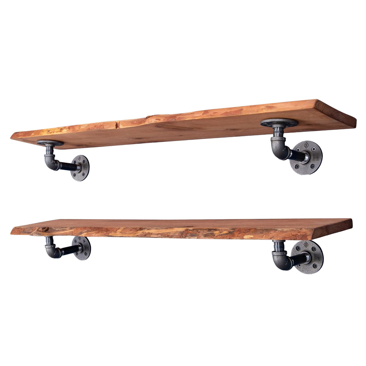 36” Sunset Cedar Live Edge Wood Shelf with L-Shaped Pipe Brackets (2-Pack)