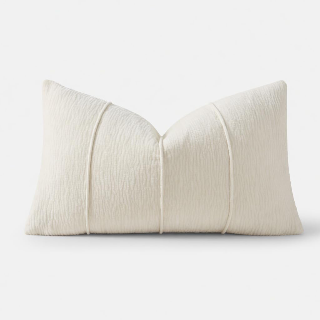 Fennco Styles Beige Chenille Lumbar Throw Pillow with Insert 12" X 20", Textured Corded Ribbed Decorative Filled Accent Pillow for Couch, Bed, Home and Cottage Décor, 1-Pack