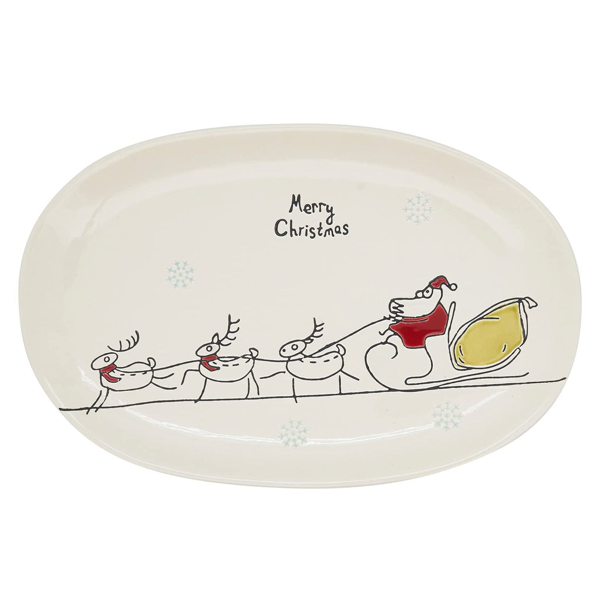 Fennco Styles Santa's Sleigh Stoneware Oval Serving Platter 12" x 7" - White Serving Tray Dishwasher Microwave Safe for Christmas Décor, Kitchen, Family Gathering and Special Occasion