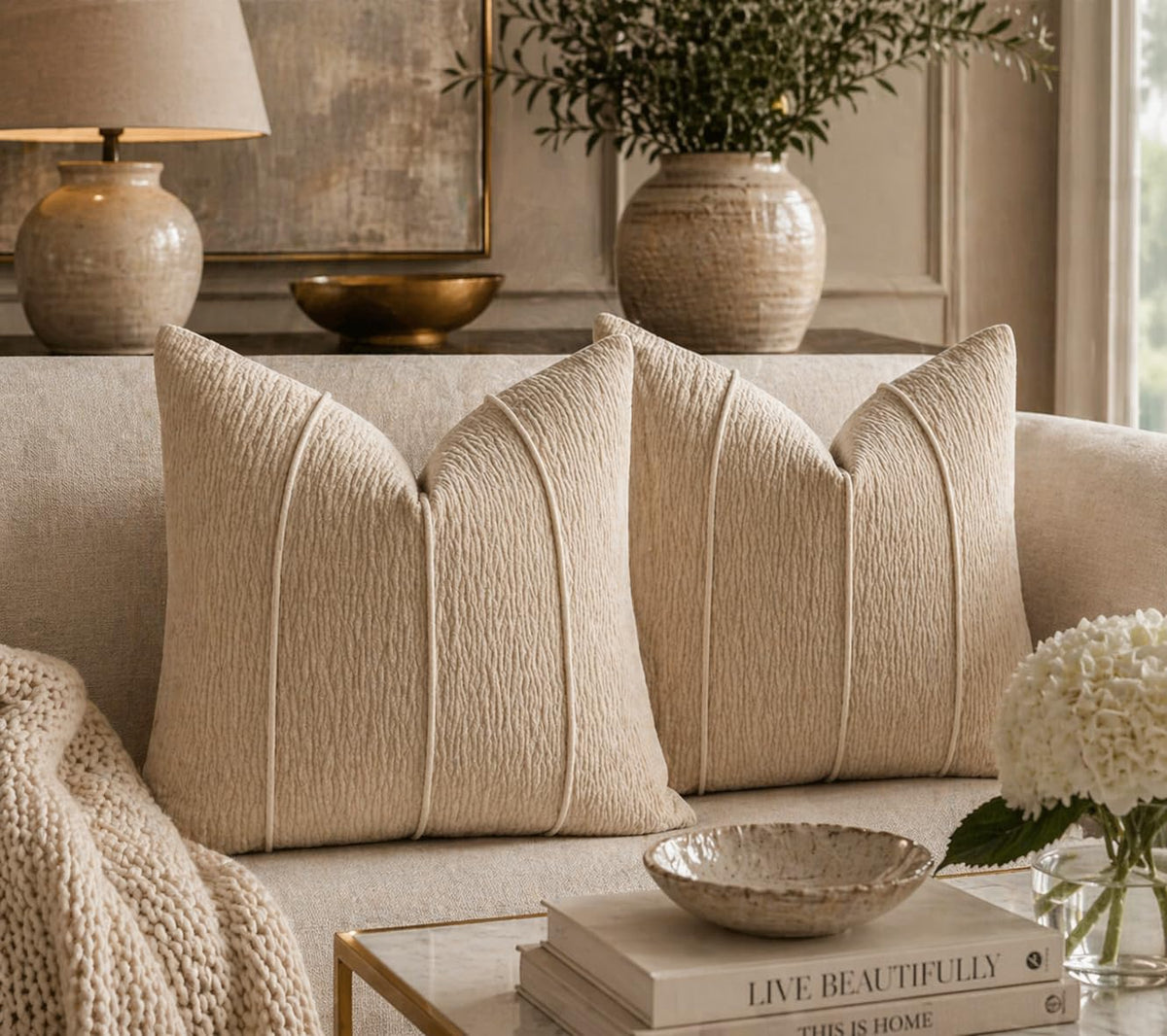 Fennco Styles Beige Chenille Lumbar Throw Pillow with Insert 12" X 20", Textured Corded Ribbed Decorative Filled Accent Pillow for Couch, Bed, Home and Cottage Décor, 1-Pack
