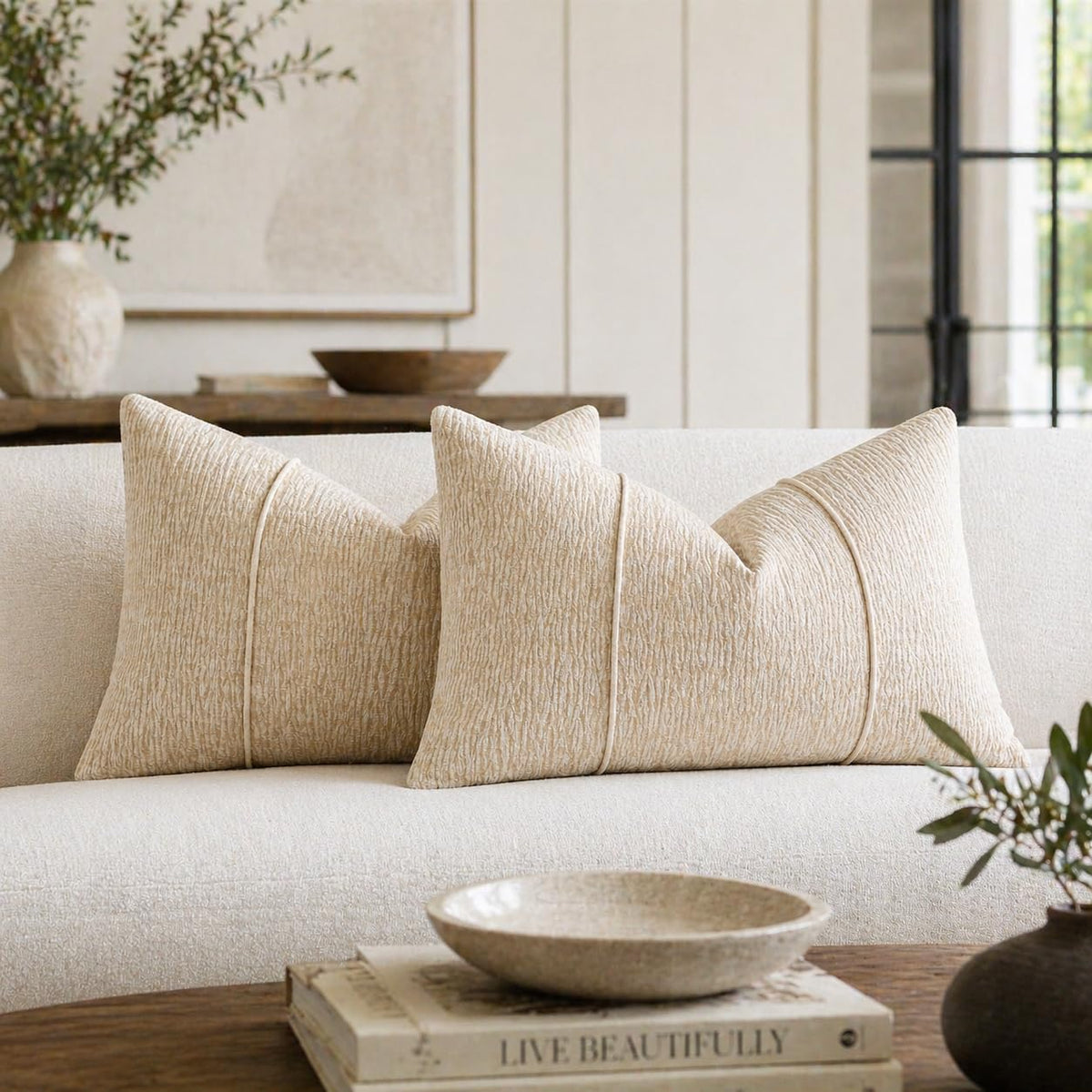 Fennco Styles Beige Chenille Lumbar Throw Pillow with Insert 12" X 20", Textured Corded Ribbed Decorative Filled Accent Pillow for Couch, Bed, Home and Cottage Décor, 1-Pack