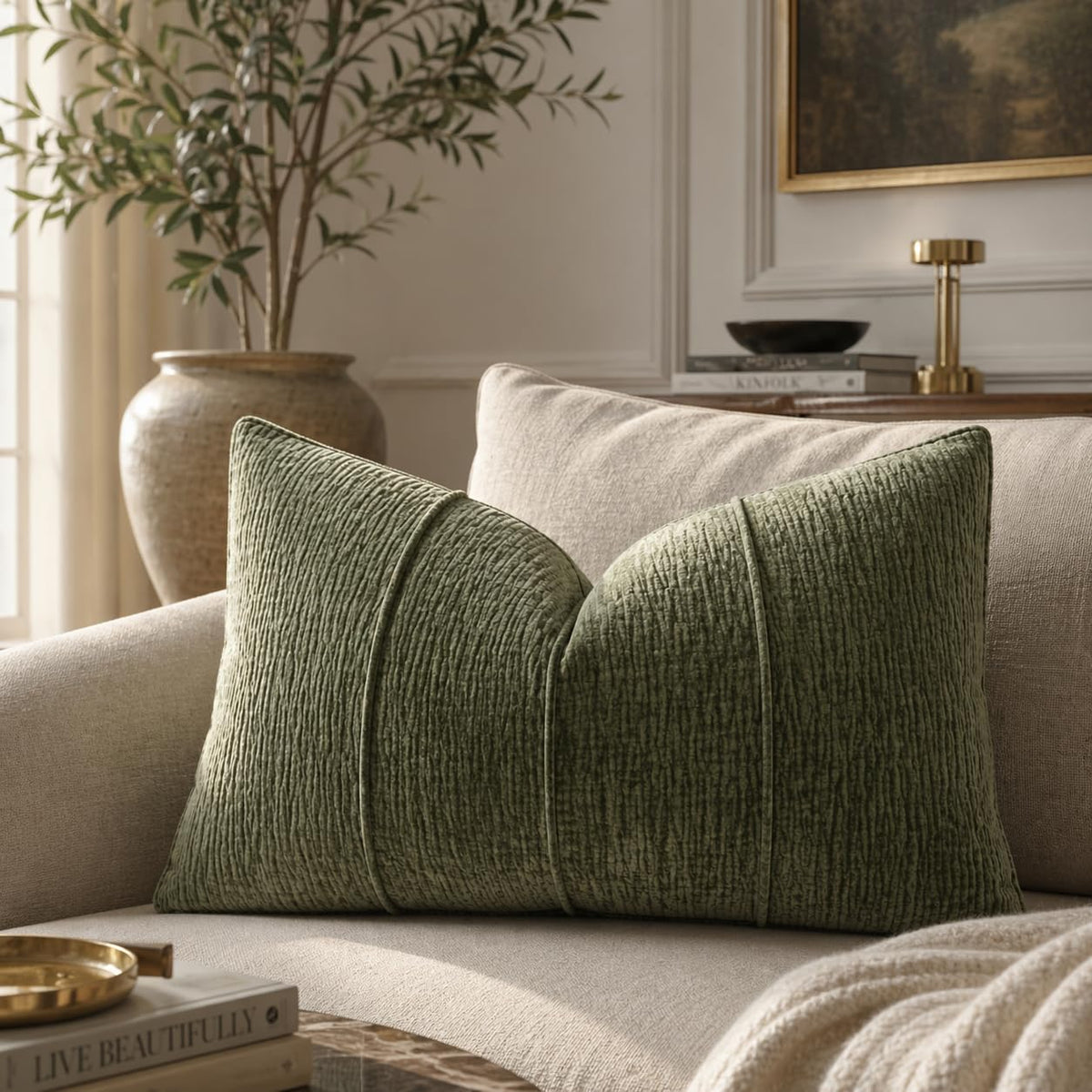 Fennco Styles Beige Chenille Lumbar Throw Pillow with Insert 12" X 20", Textured Corded Ribbed Decorative Filled Accent Pillow for Couch, Bed, Home and Cottage Décor, 1-Pack