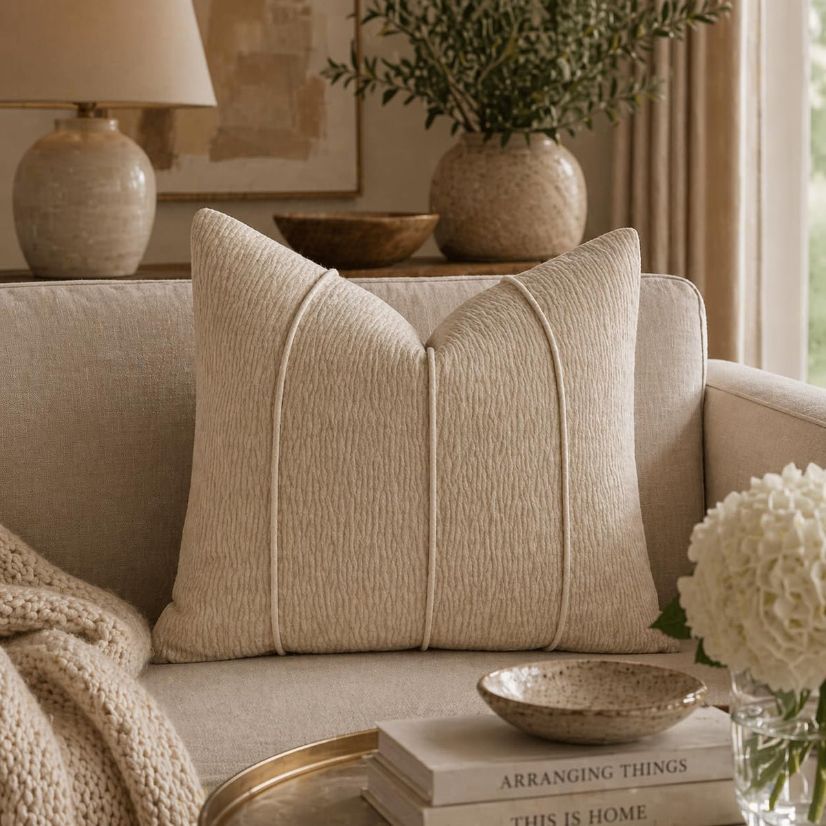 Fennco Styles Beige Chenille Lumbar Throw Pillow with Insert 12" X 20", Textured Corded Ribbed Decorative Filled Accent Pillow for Couch, Bed, Home and Cottage Décor, 1-Pack