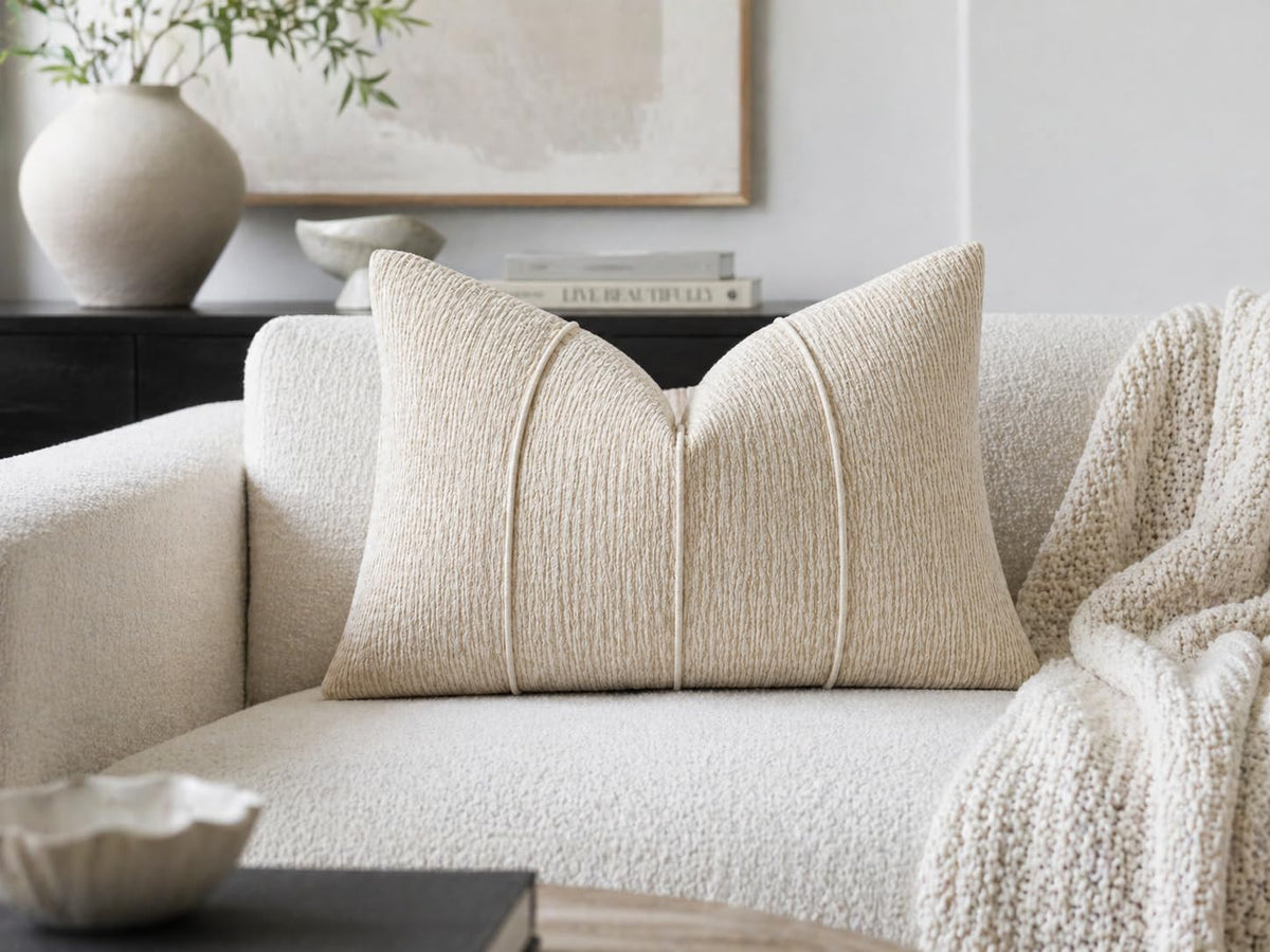 Fennco Styles Beige Chenille Lumbar Throw Pillow with Insert 12" X 20", Textured Corded Ribbed Decorative Filled Accent Pillow for Couch, Bed, Home and Cottage Décor, 1-Pack
