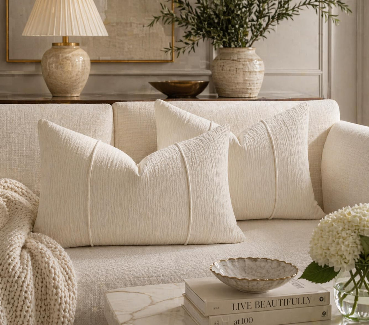 Fennco Styles Beige Chenille Lumbar Throw Pillow with Insert 12" X 20", Textured Corded Ribbed Decorative Filled Accent Pillow for Couch, Bed, Home and Cottage Décor, 1-Pack