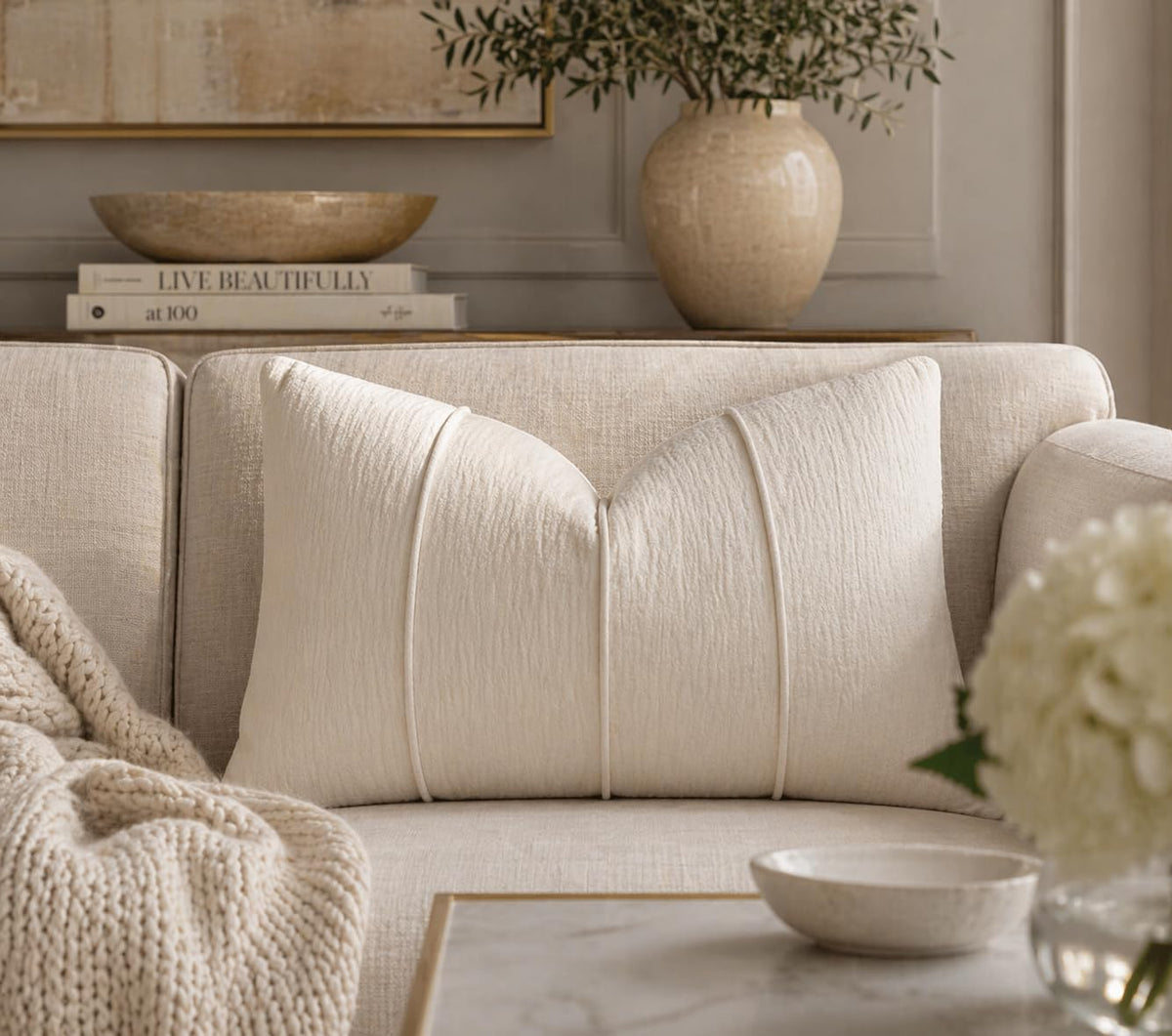 Fennco Styles Beige Chenille Lumbar Throw Pillow with Insert 12" X 20", Textured Corded Ribbed Decorative Filled Accent Pillow for Couch, Bed, Home and Cottage Décor, 1-Pack