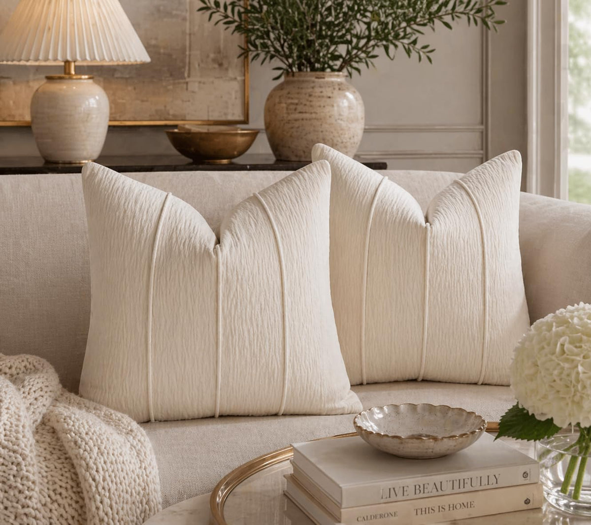 Fennco Styles Beige Chenille Lumbar Throw Pillow with Insert 12" X 20", Textured Corded Ribbed Decorative Filled Accent Pillow for Couch, Bed, Home and Cottage Décor, 1-Pack