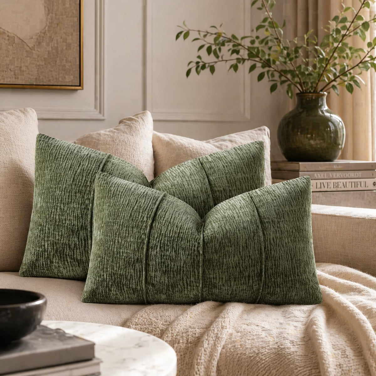 Fennco Styles Beige Chenille Lumbar Throw Pillow with Insert 12" X 20", Textured Corded Ribbed Decorative Filled Accent Pillow for Couch, Bed, Home and Cottage Décor, 1-Pack