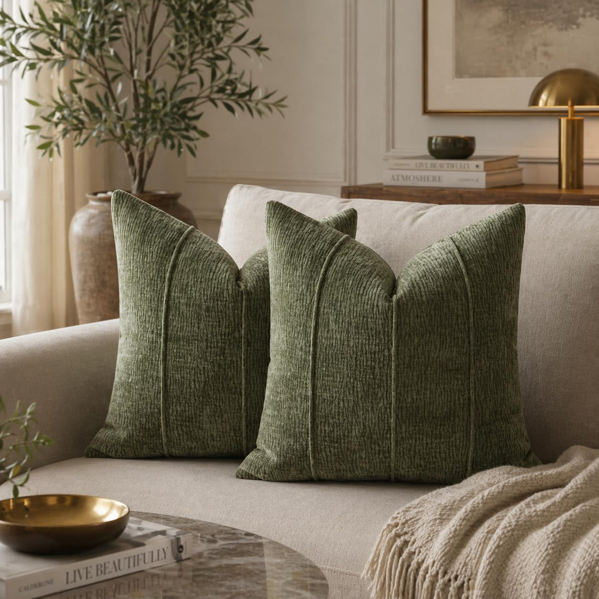 Fennco Styles Beige Chenille Lumbar Throw Pillow with Insert 12" X 20", Textured Corded Ribbed Decorative Filled Accent Pillow for Couch, Bed, Home and Cottage Décor, 1-Pack