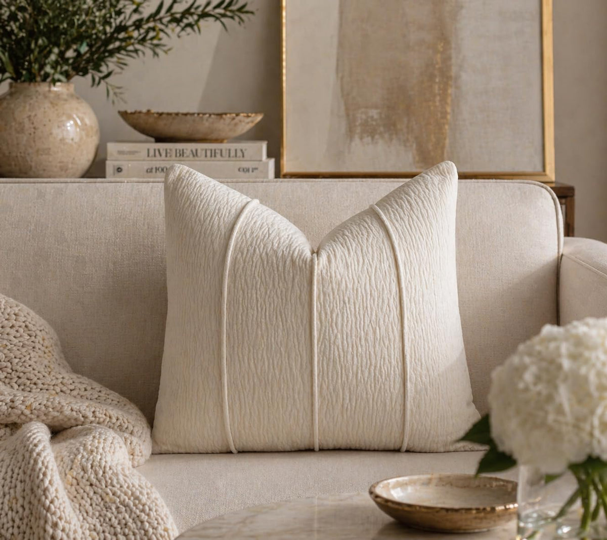 Fennco Styles Beige Chenille Lumbar Throw Pillow with Insert 12" X 20", Textured Corded Ribbed Decorative Filled Accent Pillow for Couch, Bed, Home and Cottage Décor, 1-Pack