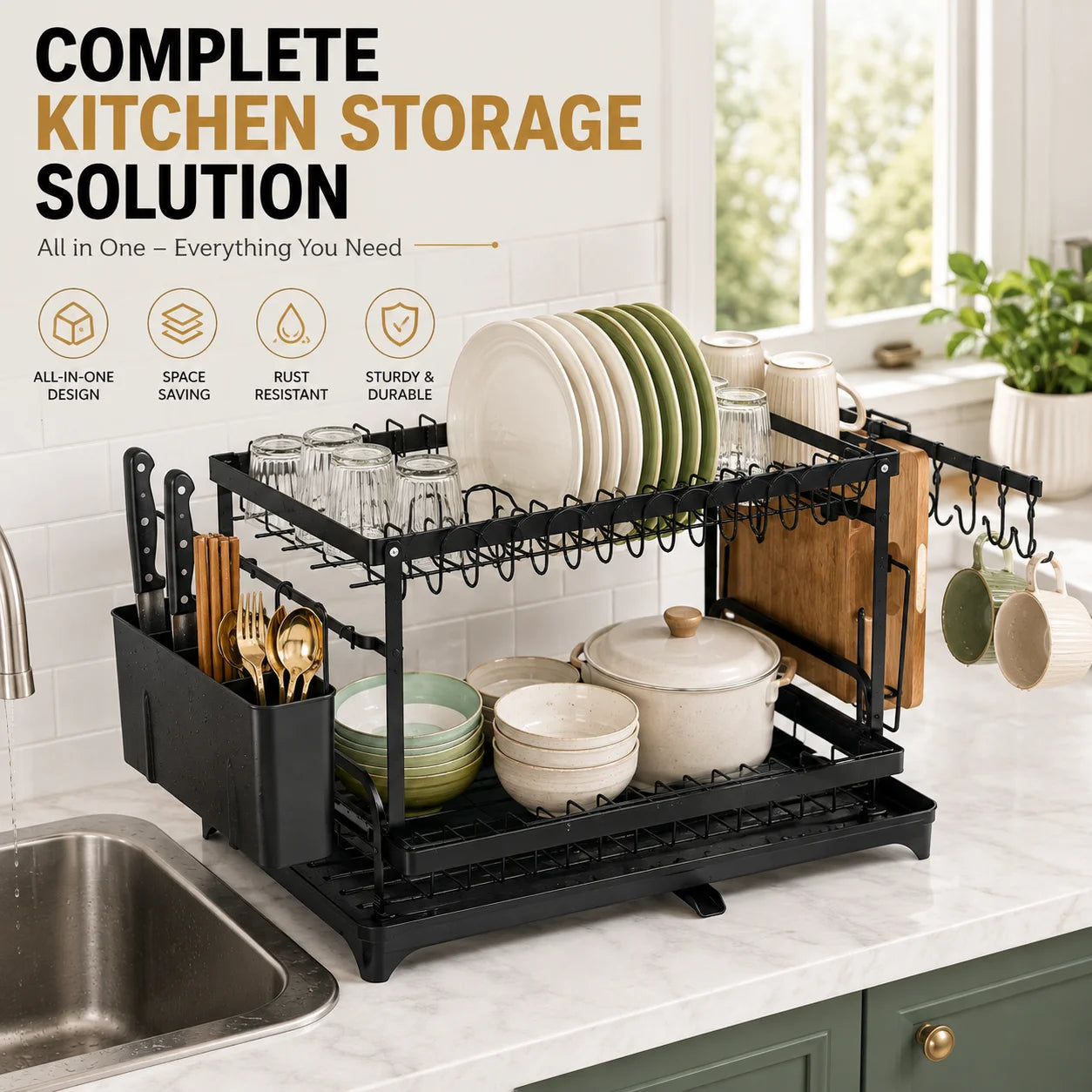 2 Tier Black Kitchen Countertop Storage Rack, Space Saving Metal Organizer Shelf for Kitchen, Pantry & Home