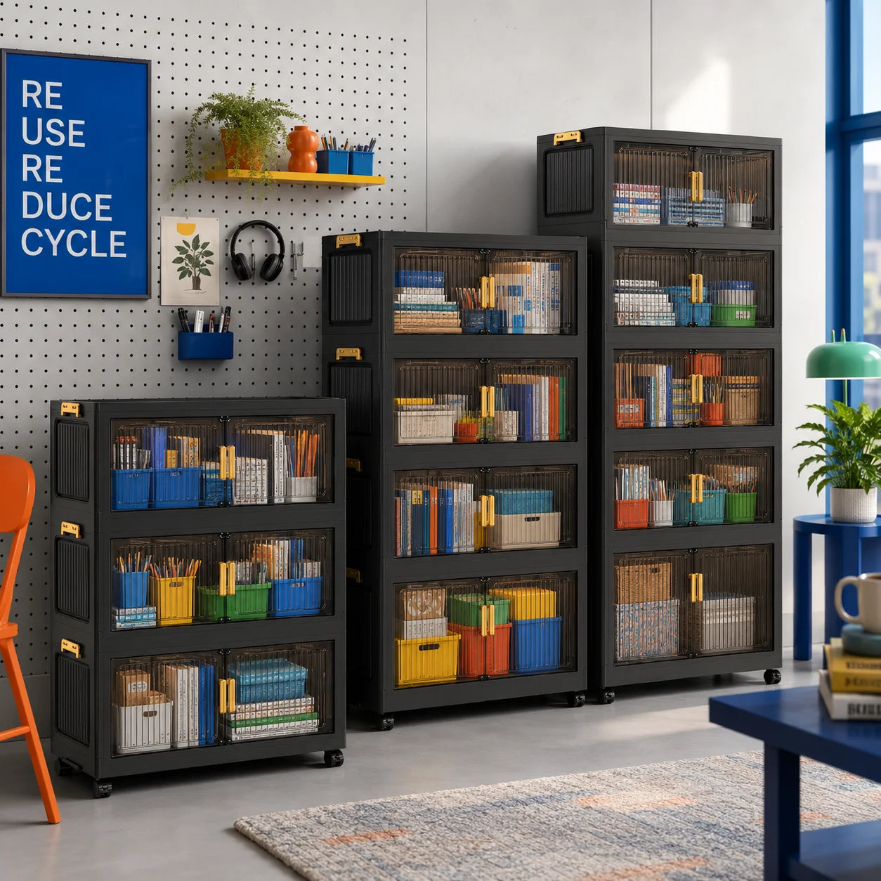 2/3/4/5-tier modular foldable stackable storage cabinets, no-assembly foldable storage boxes with vertical transparent double doors and gold handles, 360° swivel casters, perfect for office, living room, studio, classroom, g
