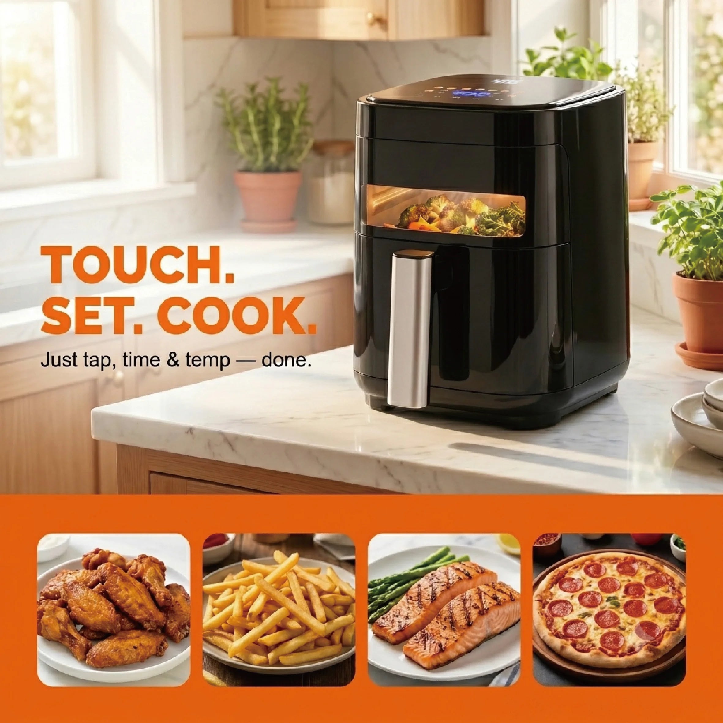 3.2QT Touchscreen Air Fryer with Visible Window, Black, 8-in-1 Preset Functions, Oil-Free Healthy Cooking, Fast & Easy to Clean,