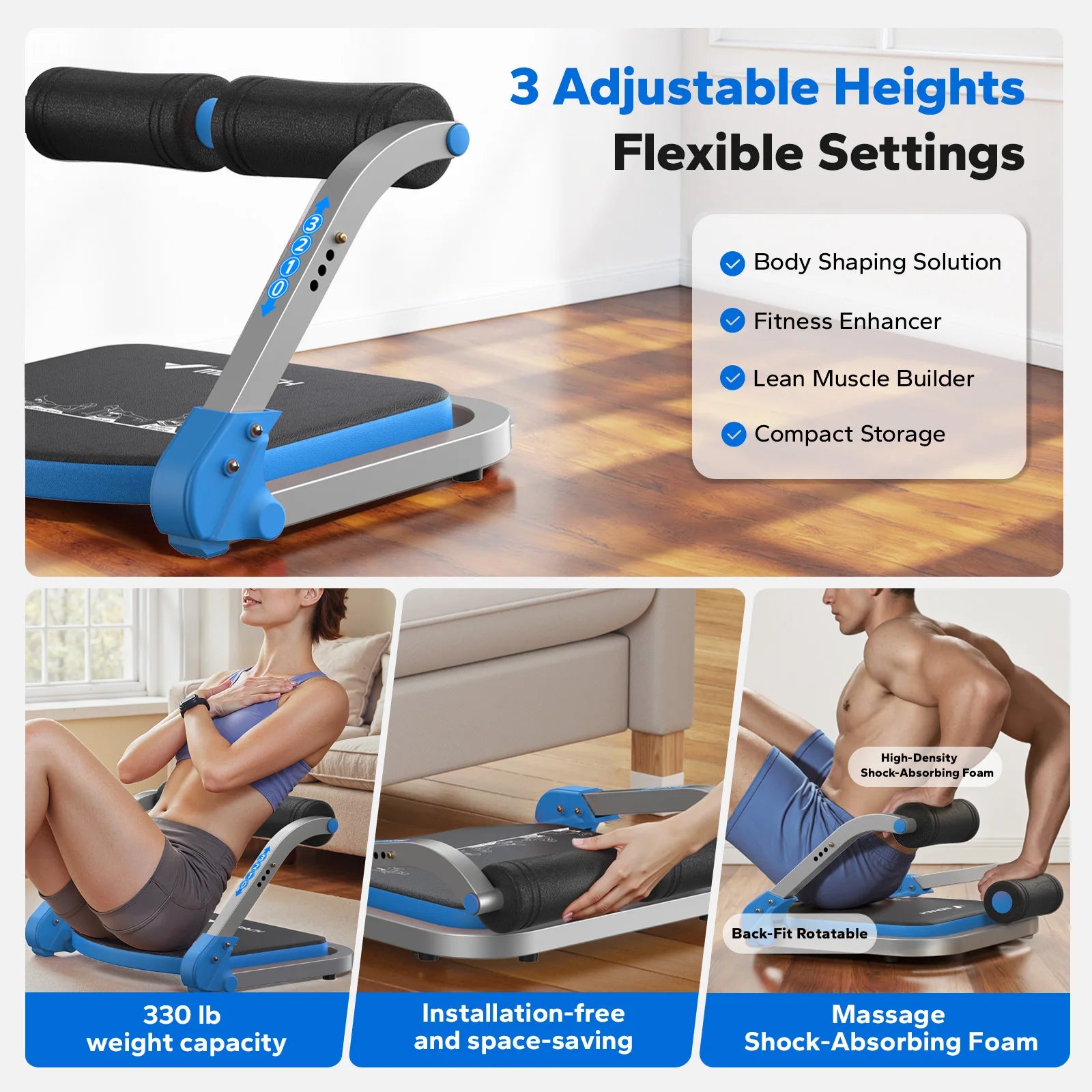 Abdominal Trainer With 3 Adjustable Resistance Levels Automatic Rebound