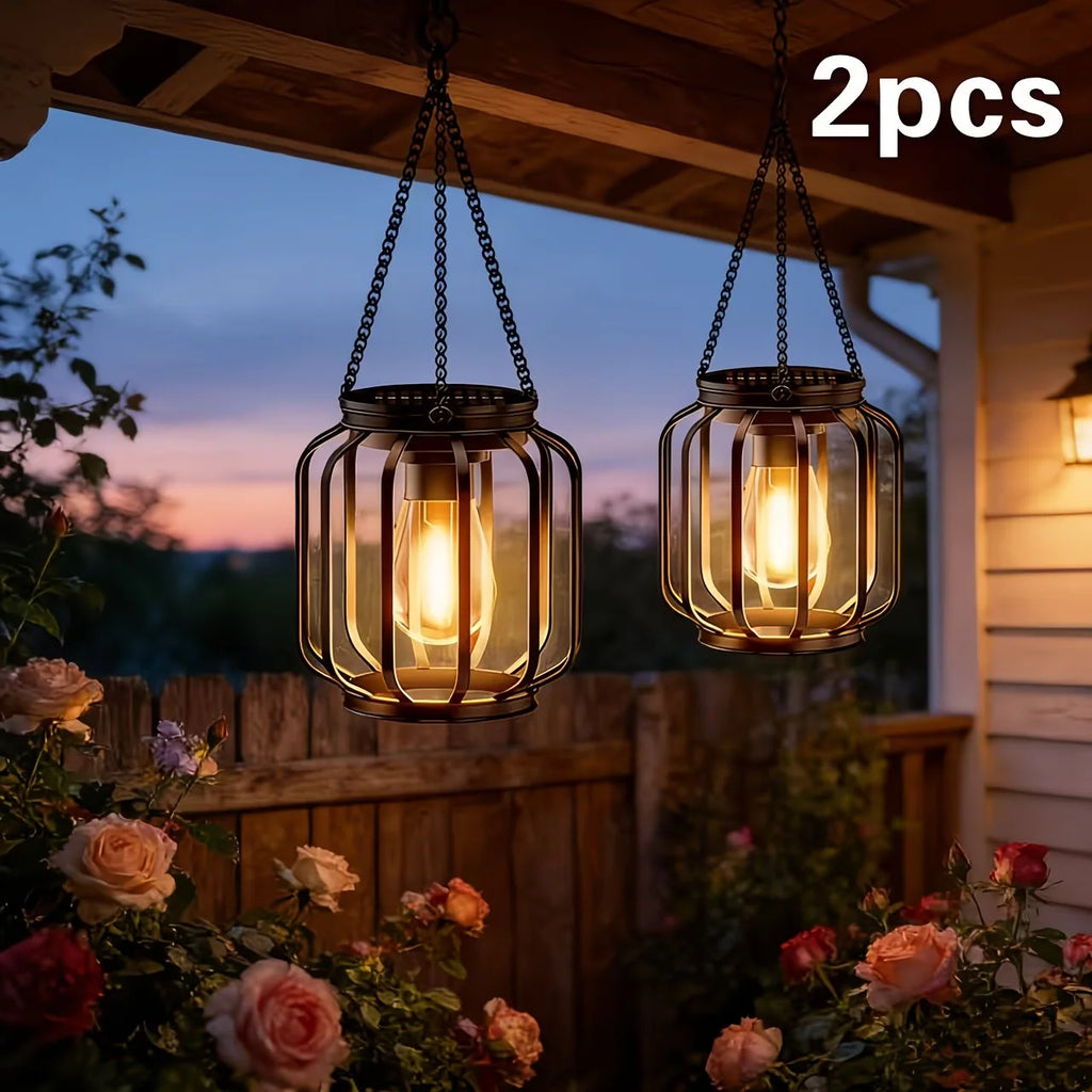 Two solar powered outdoor lantern hanging lights, waterproof.