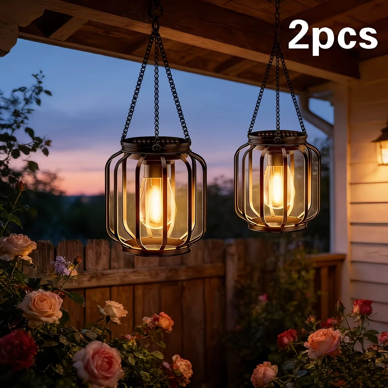 Two solar powered outdoor lantern hanging lights, waterproof.