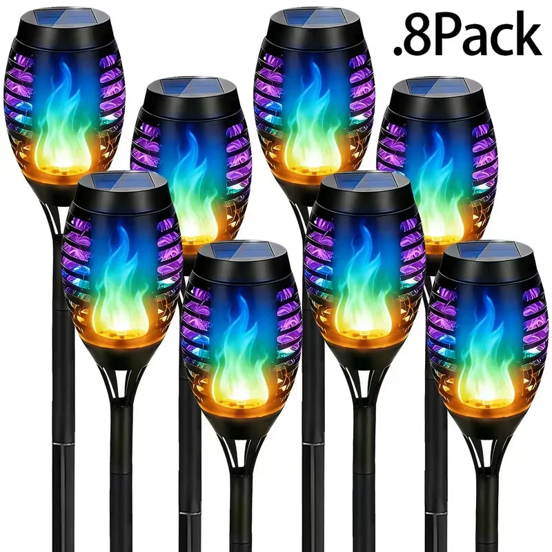8 Solar Outdoor Torch Lights, suitable for landscape lighting and decoration in yards, gardens, lawns, walkways, etc. Solar waterproof torch decorative lights, flickering flame solar lights with automatic switch.
