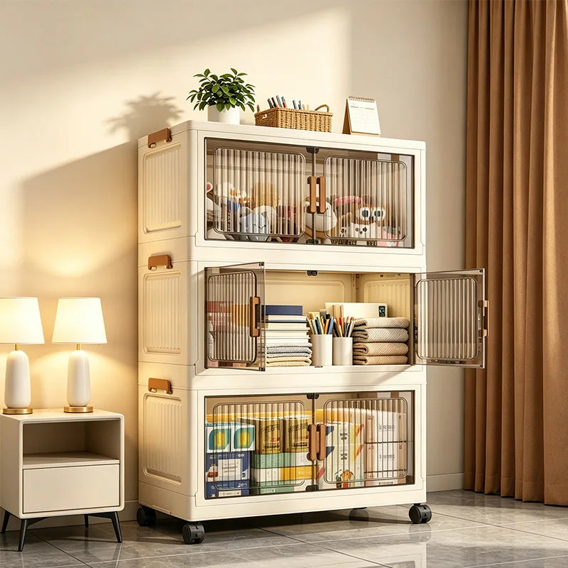 19.7in 3/4/5/6-Tier Foldable Storage Cabinet with Wheels, Stackable Plastic Storage Organizer with Magnetic Doors
