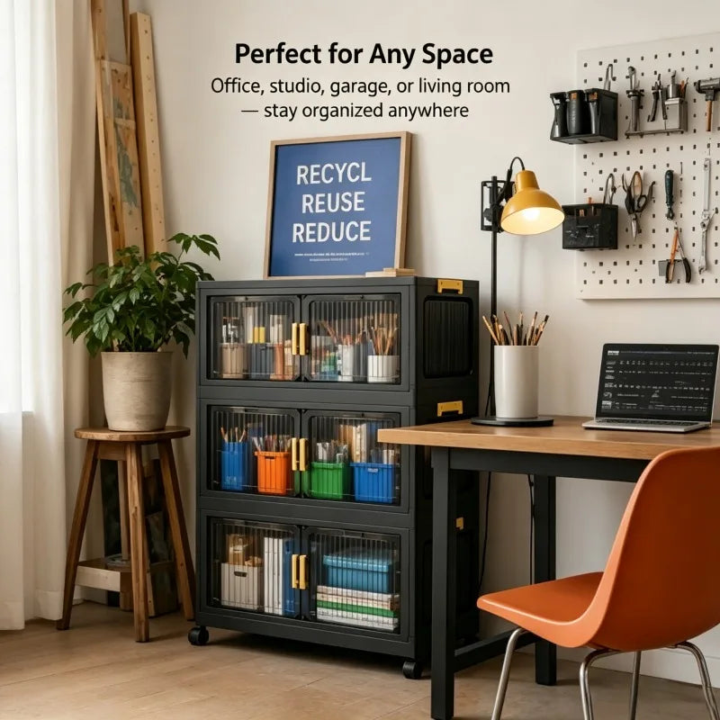 2/3/4/5-tier modular foldable stackable storage cabinets, no-assembly foldable storage boxes with vertical transparent double doors and gold handles, 360° swivel casters, perfect for office, living room, studio, classroom, g