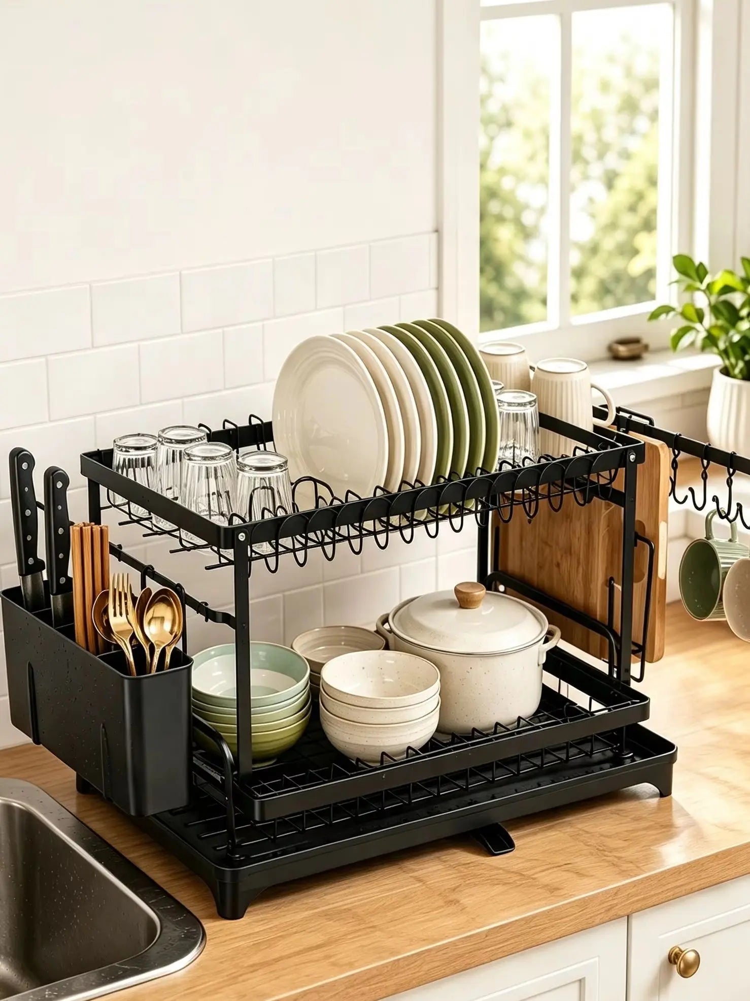 2 Tier Black Kitchen Countertop Storage Rack, Space Saving Metal Organizer Shelf for Kitchen, Pantry & Home