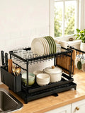 2 Tier White Dish Rack, Large Capacity Kitchen Countertop Dish Drying Rack with Cup Holder, Utensil Holder, Cutting Board Holder & Drain Tray