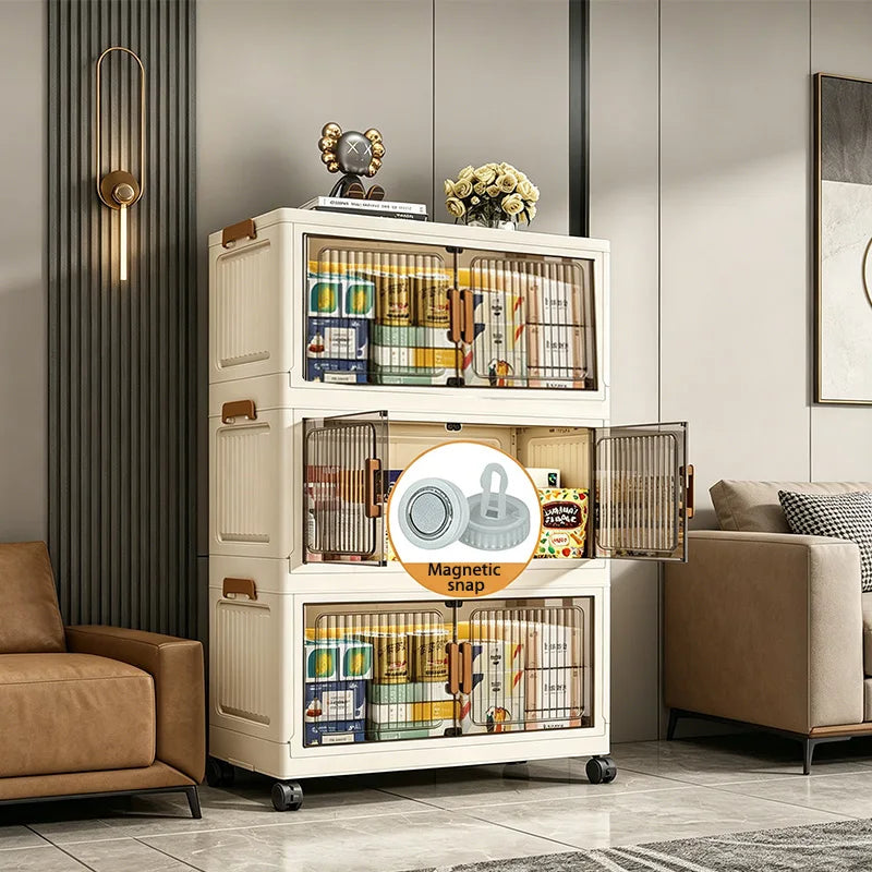 19.7in 3/4/5/6-Tier Foldable Storage Cabinet with Wheels, Stackable Plastic Storage Organizer with Magnetic Doors