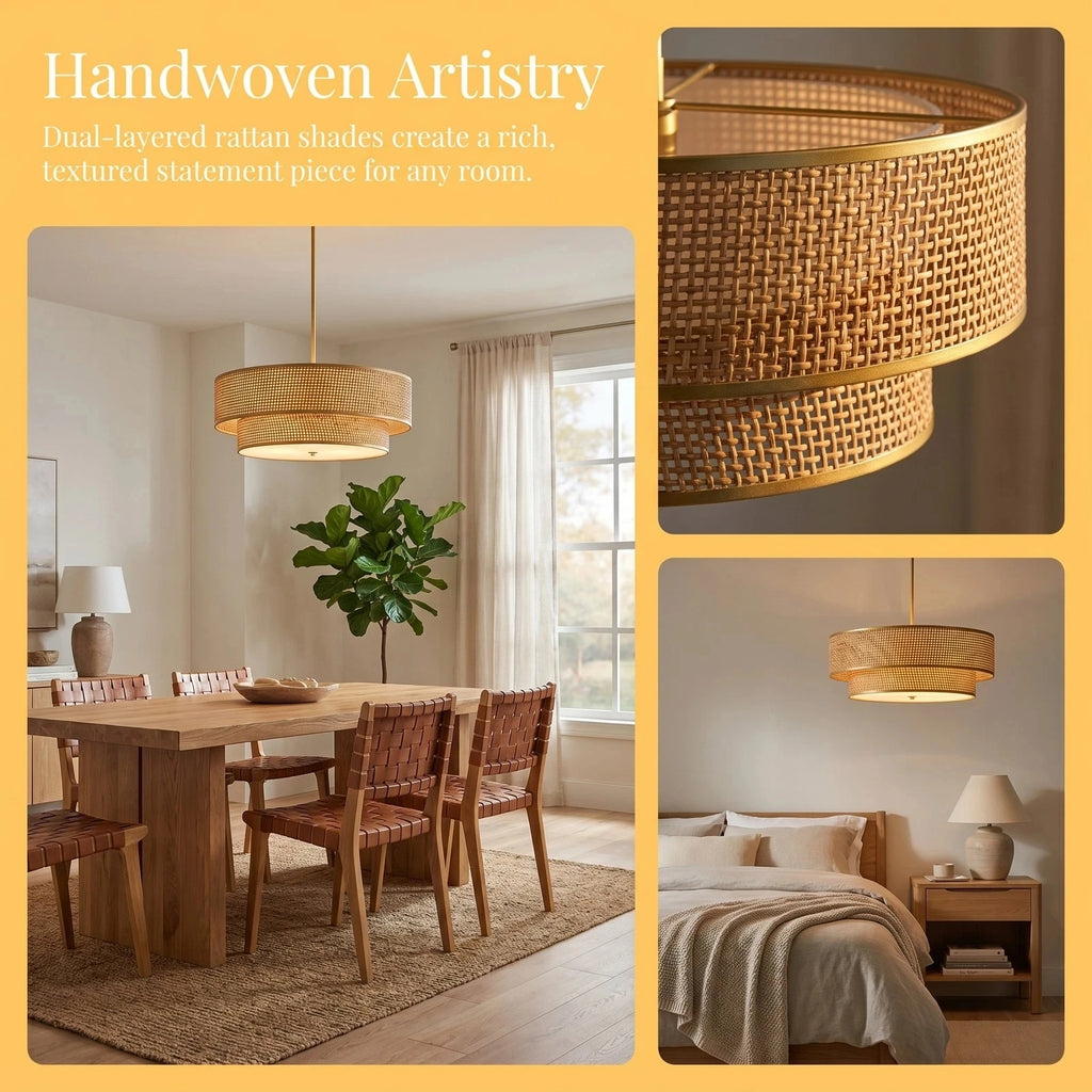 Bohemian style woven rattan and linen chandelier