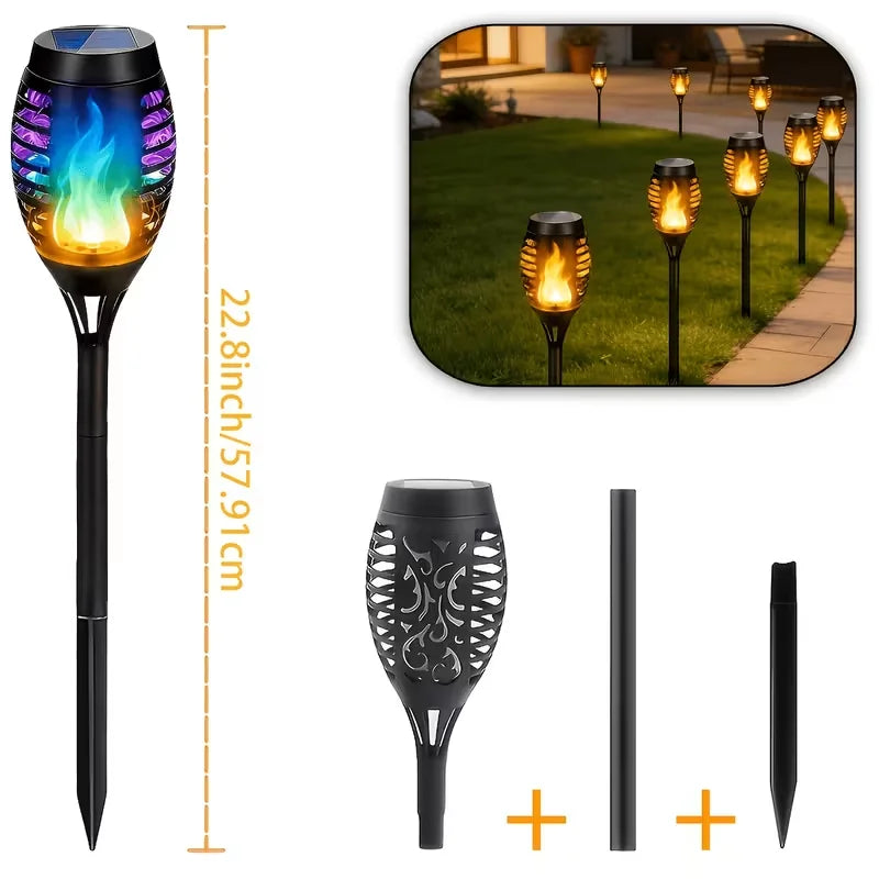 8 Solar Outdoor Torch Lights, suitable for landscape lighting and decoration in yards, gardens, lawns, walkways, etc. Solar waterproof torch decorative lights, flickering flame solar lights with automatic switch.