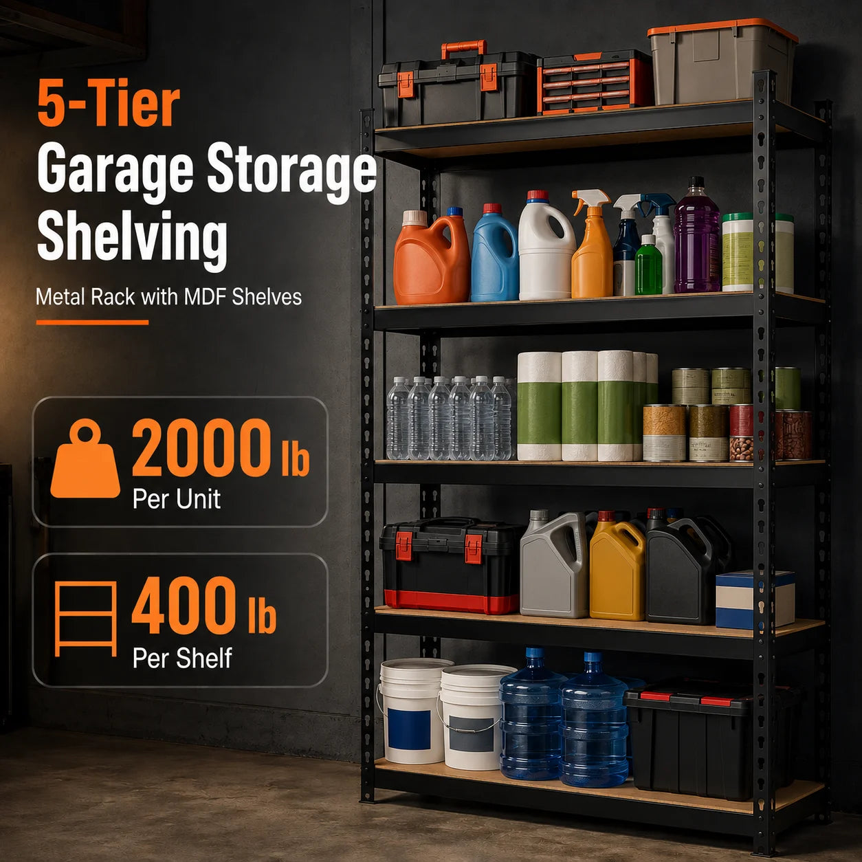 5-Tier Garage Storage Shelving Unit, 2000 lb Per Unit, 400 lb Per Shelf
