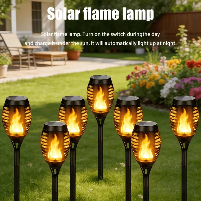 8 Solar Outdoor Torch Lights, suitable for landscape lighting and decoration in yards, gardens, lawns, walkways, etc. Solar waterproof torch decorative lights, flickering flame solar lights with automatic switch.