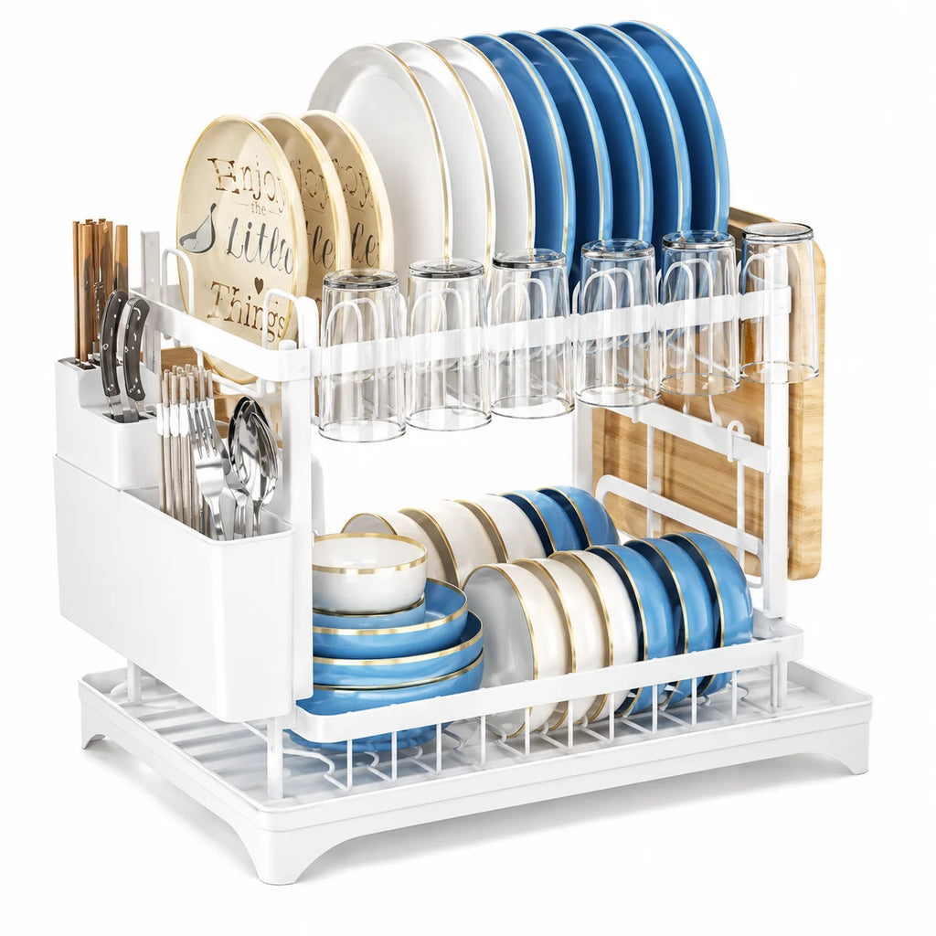 2 Tier White Dish Rack, Large Capacity Kitchen Countertop Dish Drying Rack with Cup Holder, Utensil Holder, Cutting Board Holder & Drain Tray