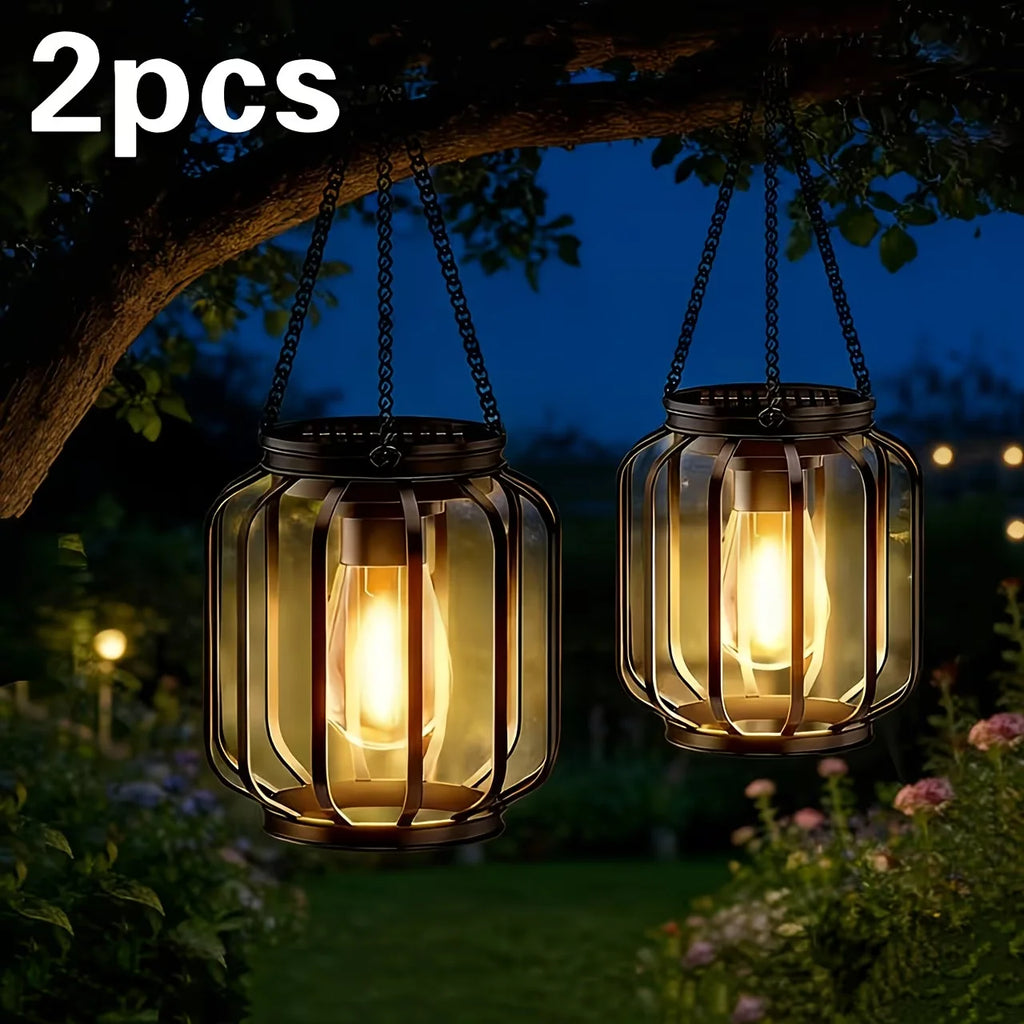 Two solar powered outdoor lantern hanging lights, waterproof.