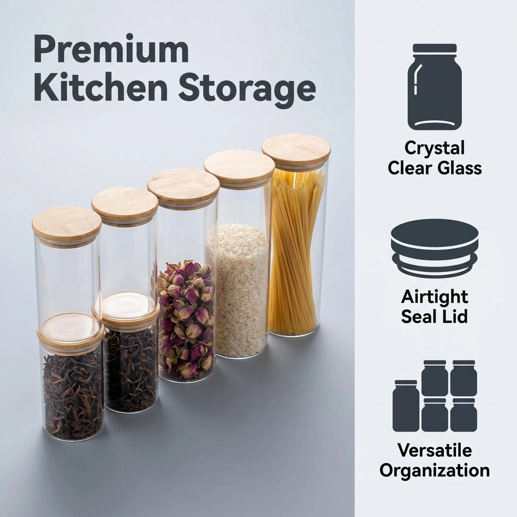8-Piece Airtight Glass Storage Jar Set with Bamboo Lids This set includes, a cleaning brush and blank labels. Ideal kitchen storage containers for pasta, coffee beans, tea leaves, spices, grains, nuts.