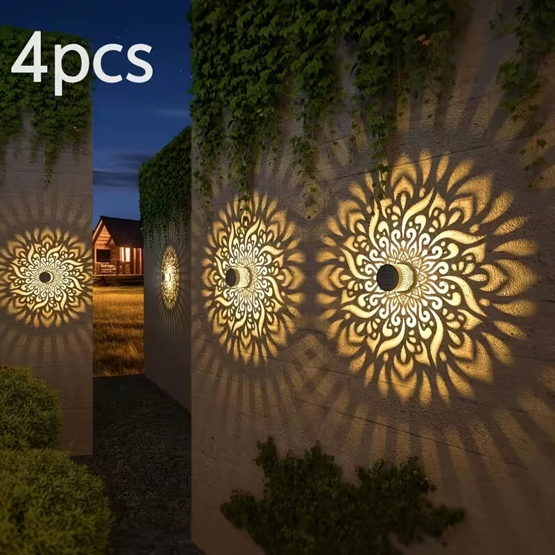 4PC solar wall light, metal pattern waterproof exterior wall light, colorful and mysterious Mandala metal hollow exterior wall light, suitable for home corridors, fences, lawns, Christmas and Halloween atmosphere decoration