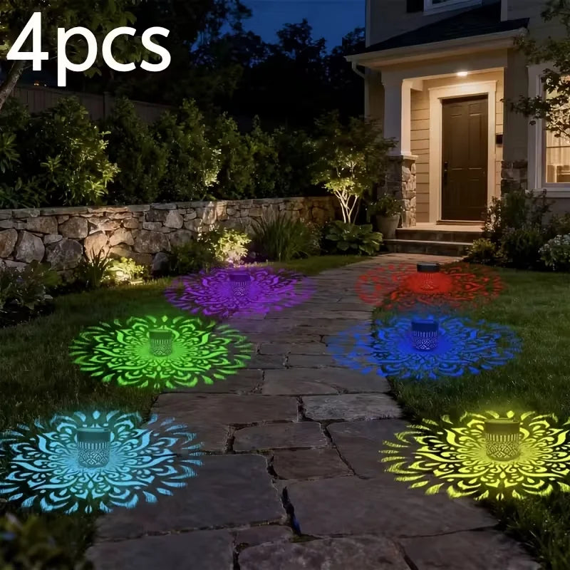 4PC solar wall light, metal pattern waterproof exterior wall light, colorful and mysterious Mandala metal hollow exterior wall light, suitable for home corridors, fences, lawns, Christmas and Halloween atmosphere decoration