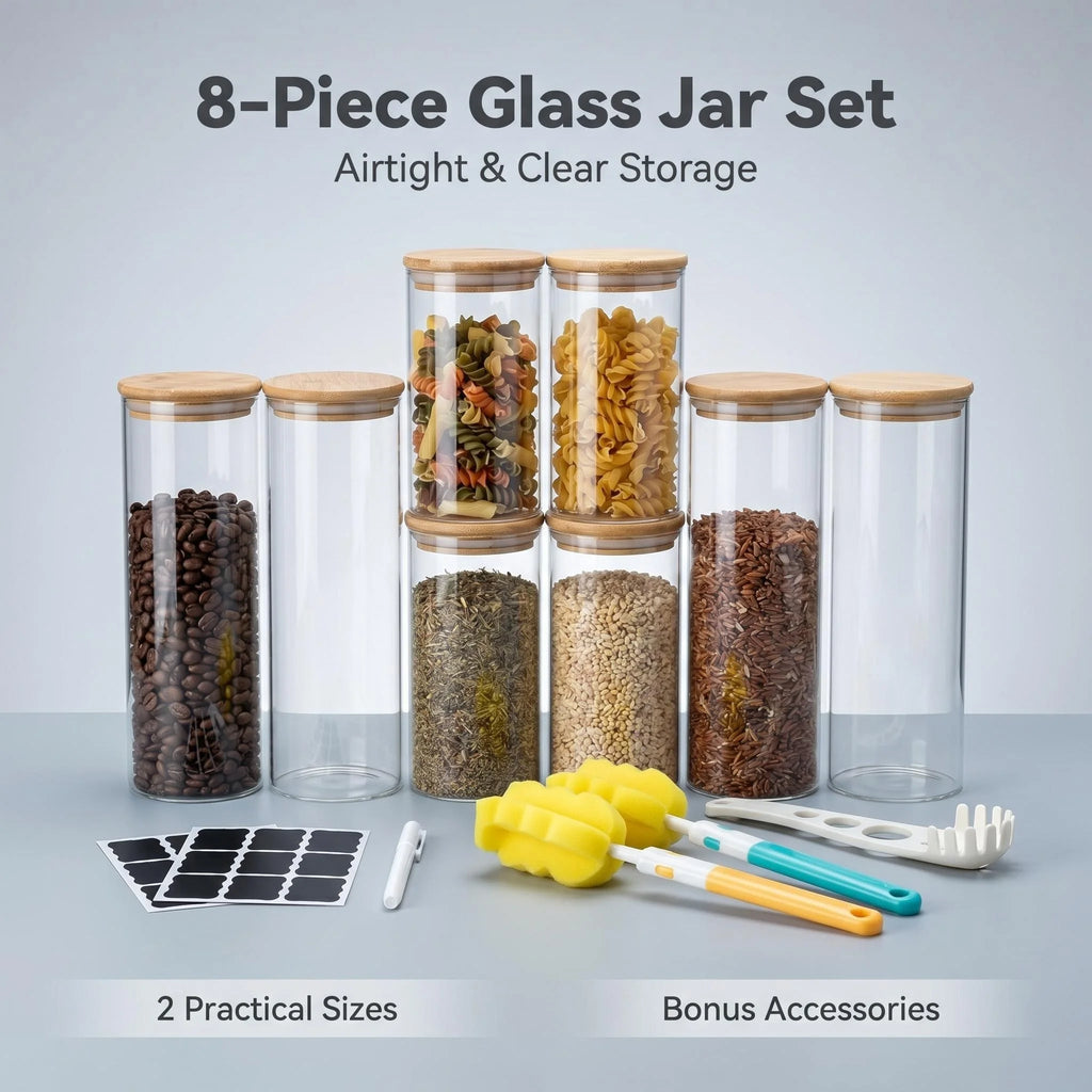8-Piece Airtight Glass Storage Jar Set with Bamboo Lids This set includes, a cleaning brush and blank labels. Ideal kitchen storage containers for pasta, coffee beans, tea leaves, spices, grains, nuts.