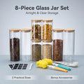 8-Piece Airtight Glass Storage Jar Set with Bamboo Lids This set includes, a cleaning brush and blank labels. Ideal kitchen storage containers for pasta, coffee beans, tea leaves, spices, grains, nuts.