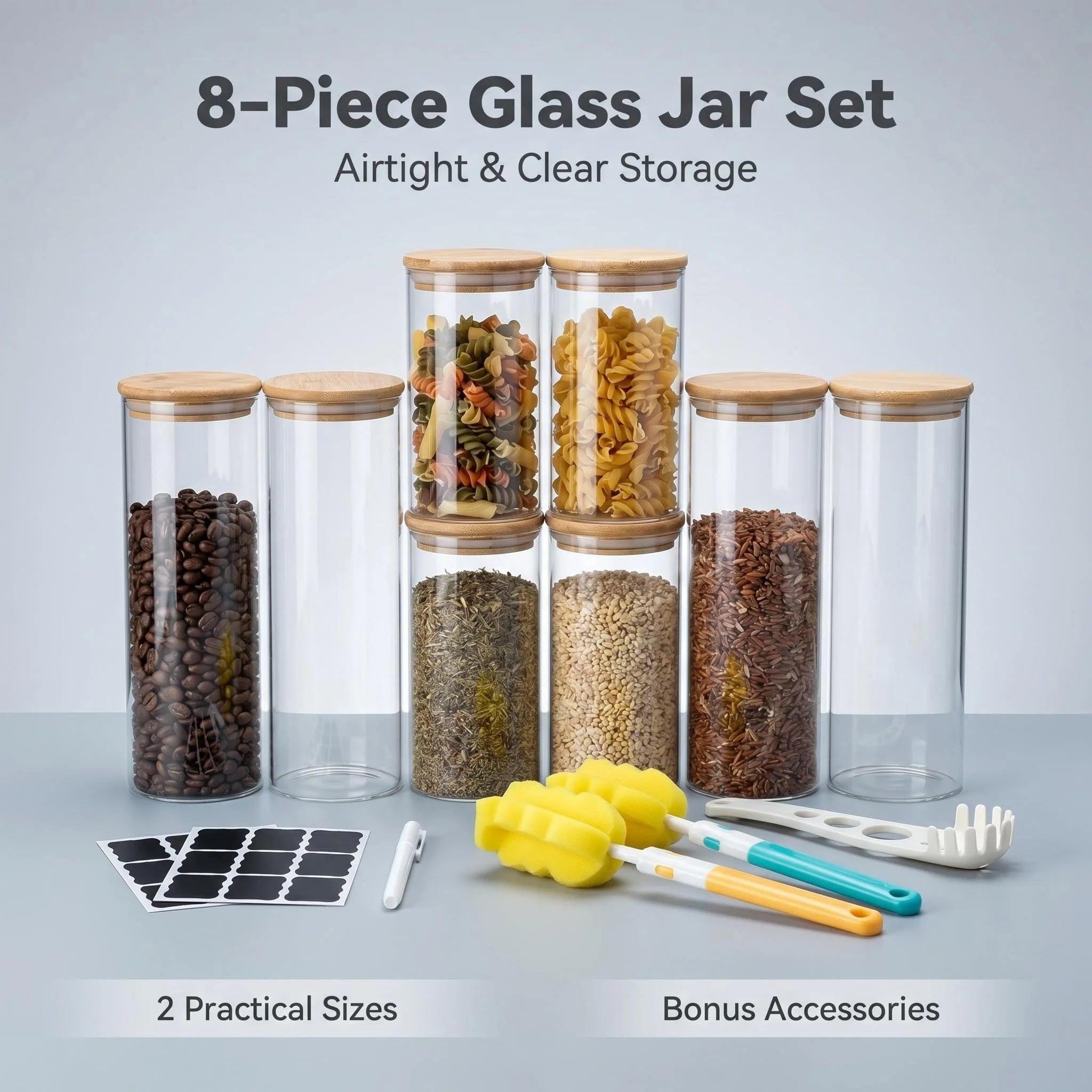 8-Piece Airtight Glass Storage Jar Set with Bamboo Lids This set includes, a cleaning brush and blank labels. Ideal kitchen storage containers for pasta, coffee beans, tea leaves, spices, grains, nuts.