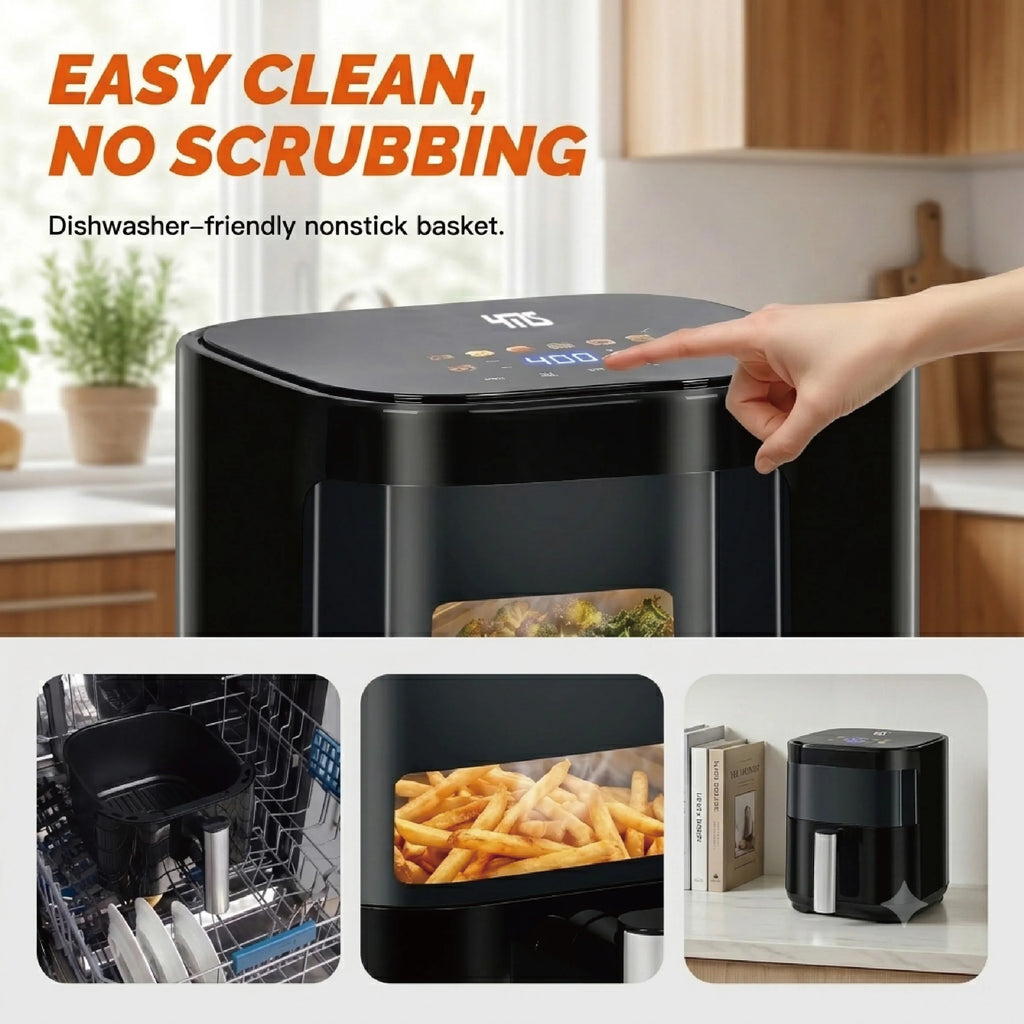 3.2QT Touchscreen Air Fryer with Visible Window, Black, 8-in-1 Preset Functions, Oil-Free Healthy Cooking, Fast & Easy to Clean,