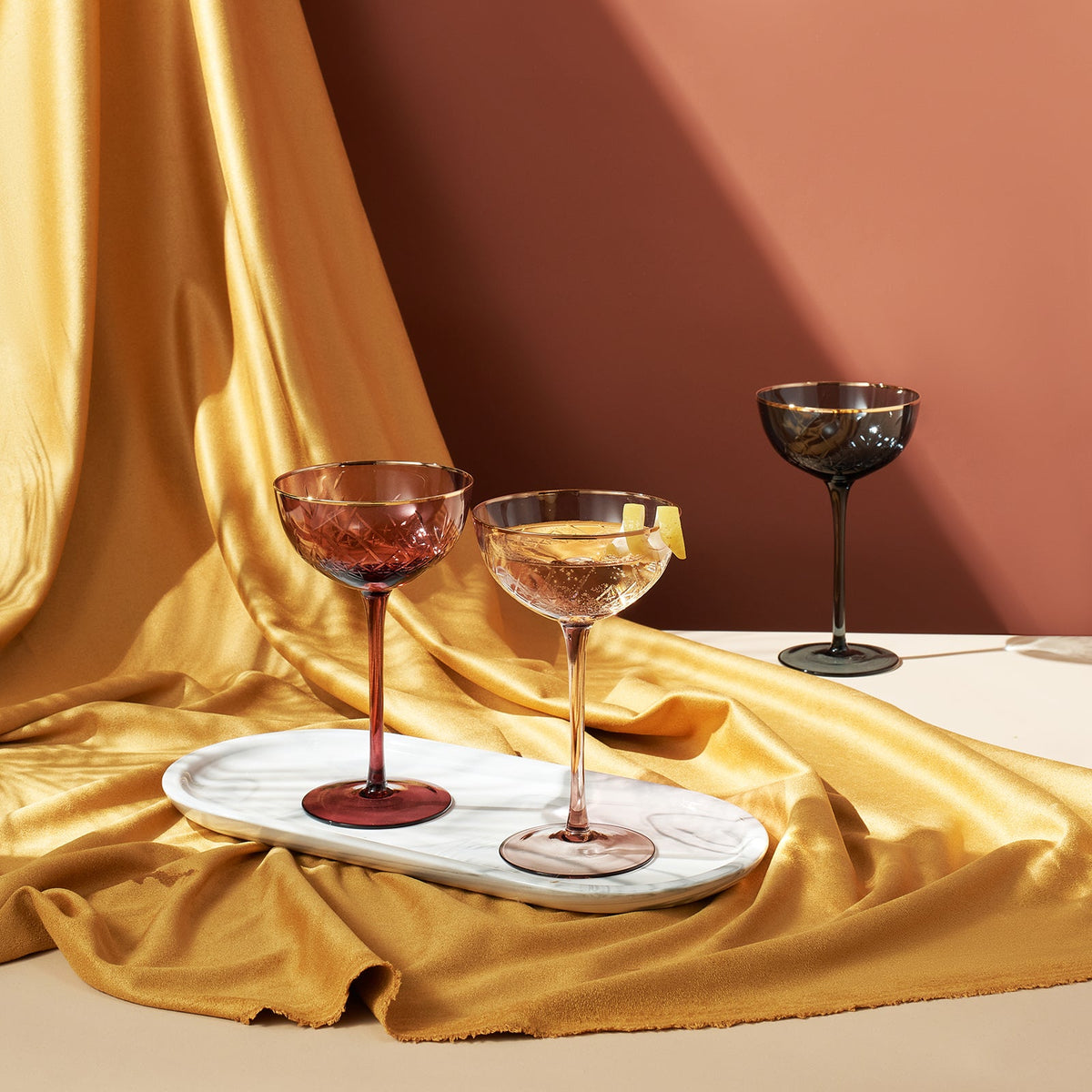 Tonal Gold Rim Champagne Coupe, Cocktail Glassware, Set of 6