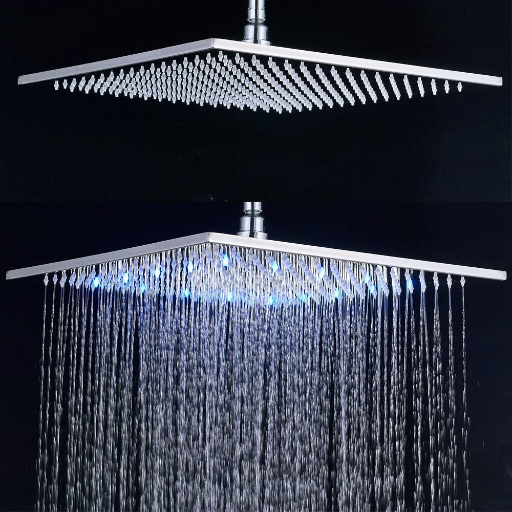 Matte Black 16 inch Rainfall shower head Brass square led light