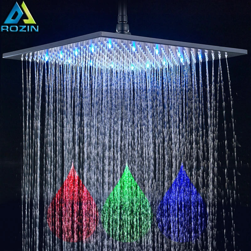 Matte Black 16 inch Rainfall shower head Brass square led light