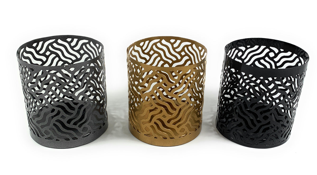 Vibhsa Votive Candle Holders | Set of 3, Black, Grey & Gold, Laser-Cut Design