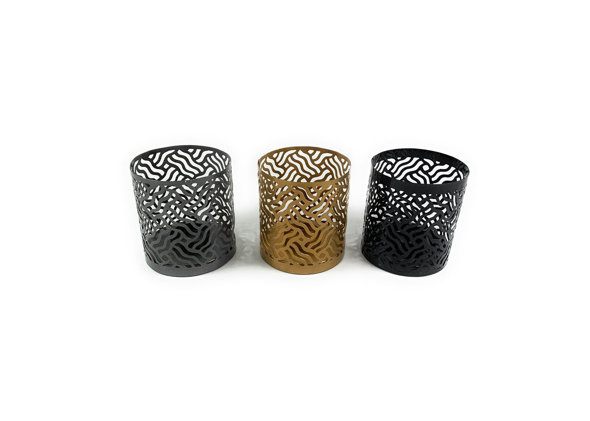 Vibhsa Votive Candle Holders | Set of 3, Black, Grey & Gold, Laser-Cut Design