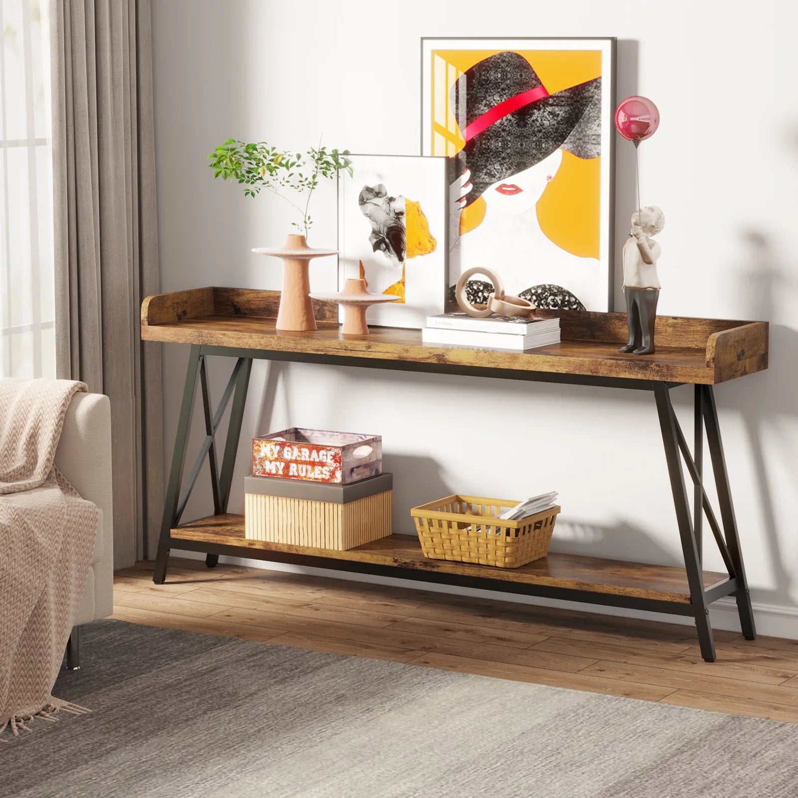 Extra Long Console Table, Rustic Industrial Sofa Table Behind Couch