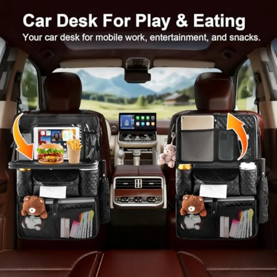 Car Backseat Organizers - with Foldable Tray - PU Leather Back Seat Car Organizers with Storage Pockets, Tablet Holders