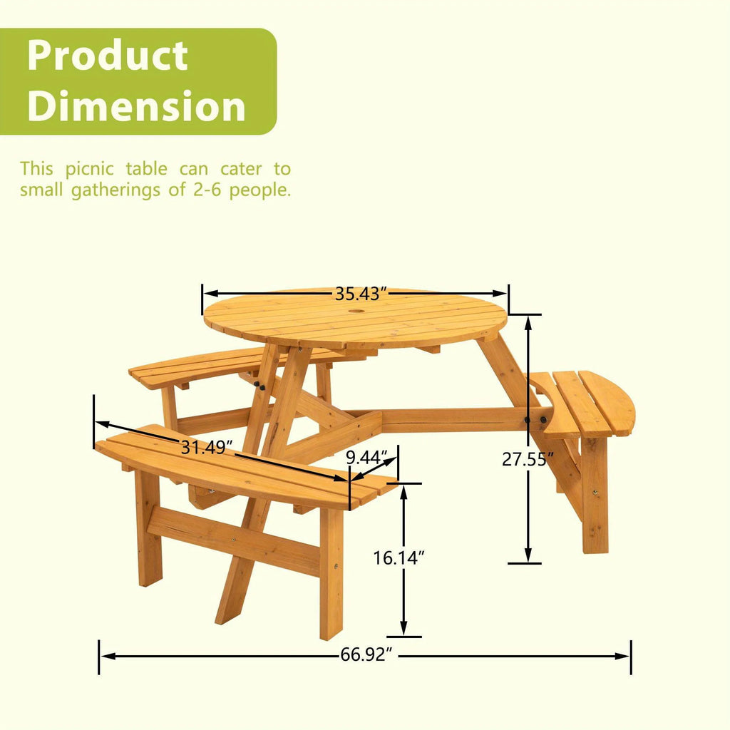 6-Person Wooden Picnic Table With Round Table And Benches For Outdoor Gathering