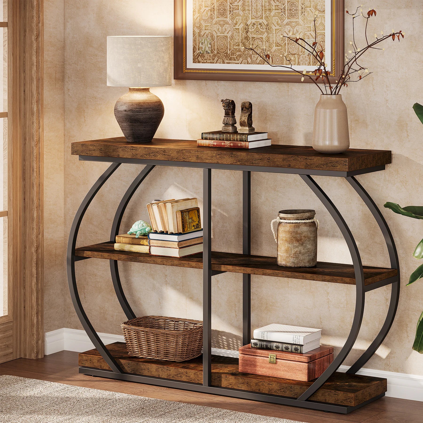 41.3"  Industrial 3-Tier Entryway Table with Arched Metal Frame and Storage Shelves for Living Room